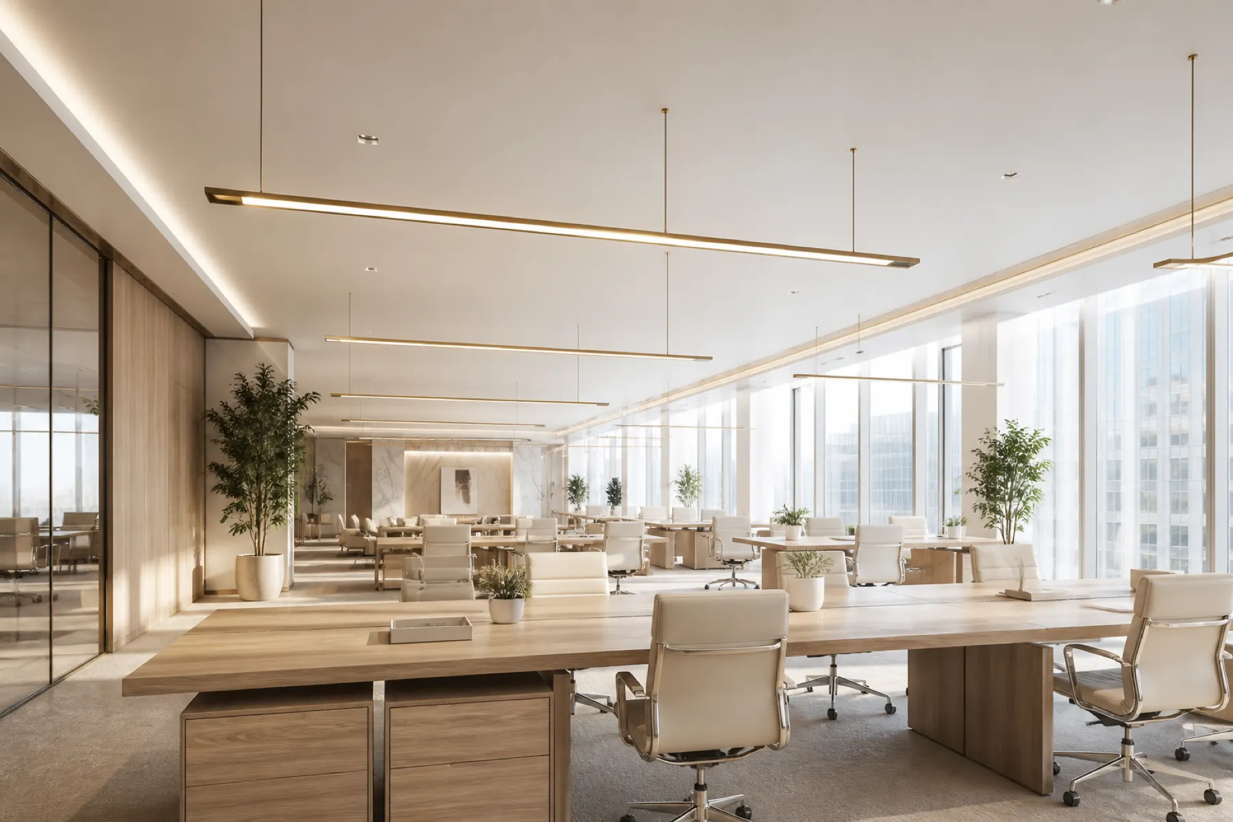 Modern commercial office illuminated by linear pendant lighting
