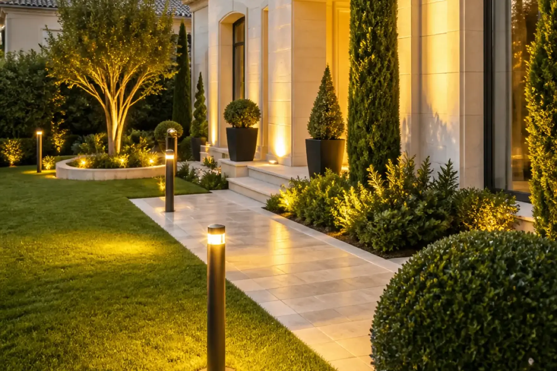 Customized LED bollard lights along a landscaped villa pathway at dusk