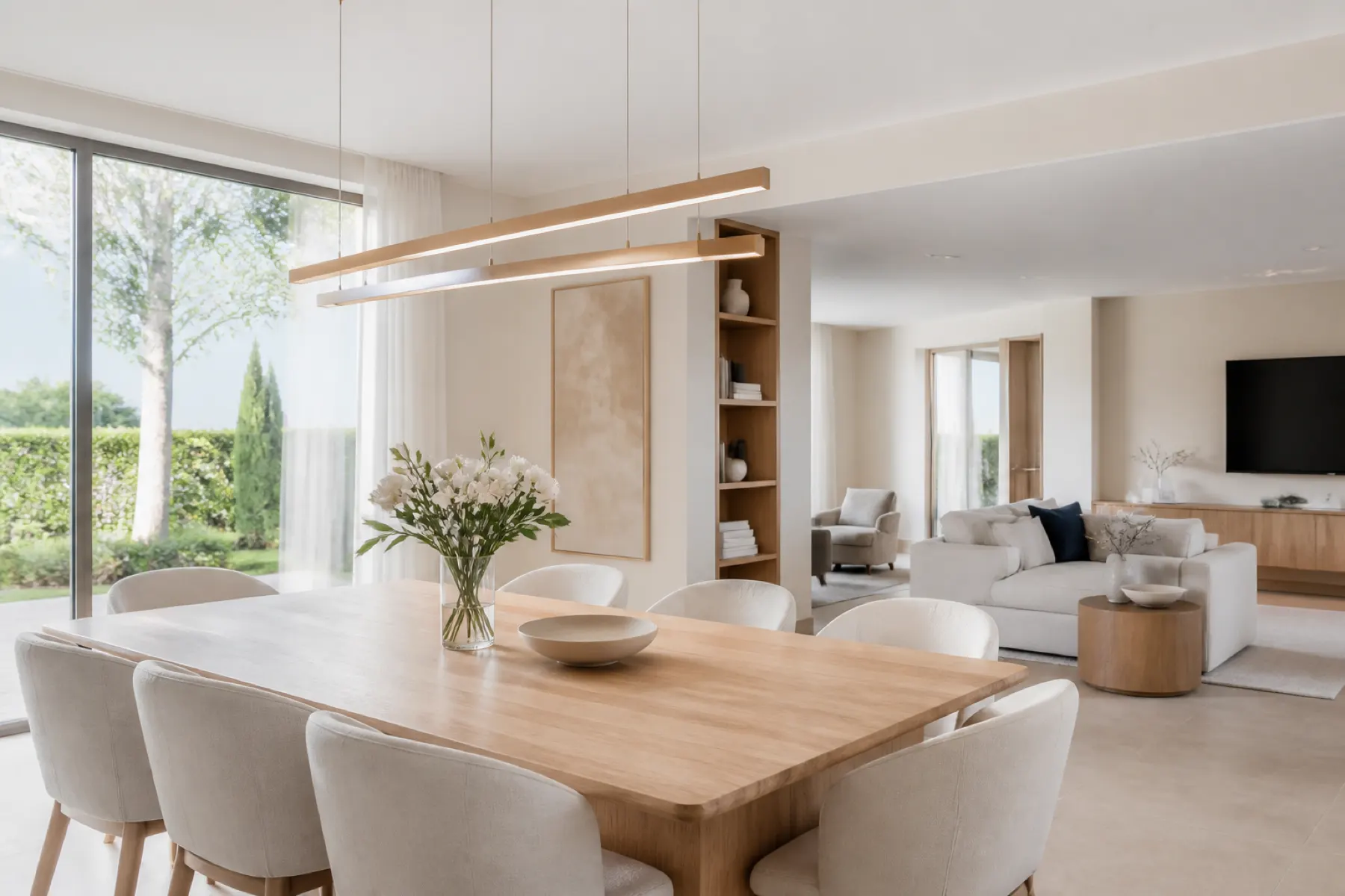 Customized linear pendant lights over a modern dining and living space
