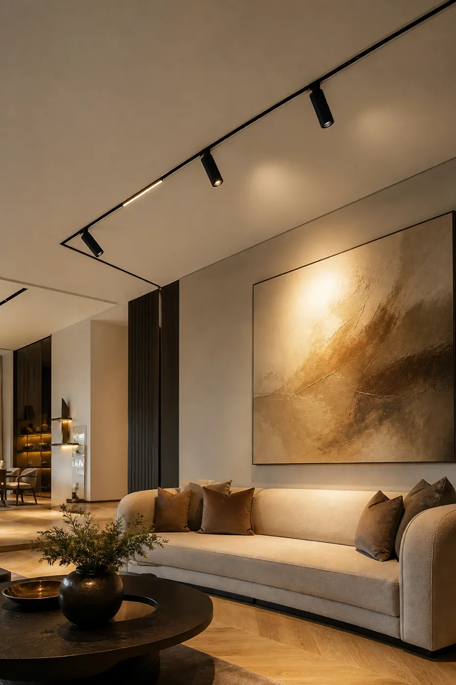 Ultra-thin magnetic track lighting with adjustable spotlights in a modern living room