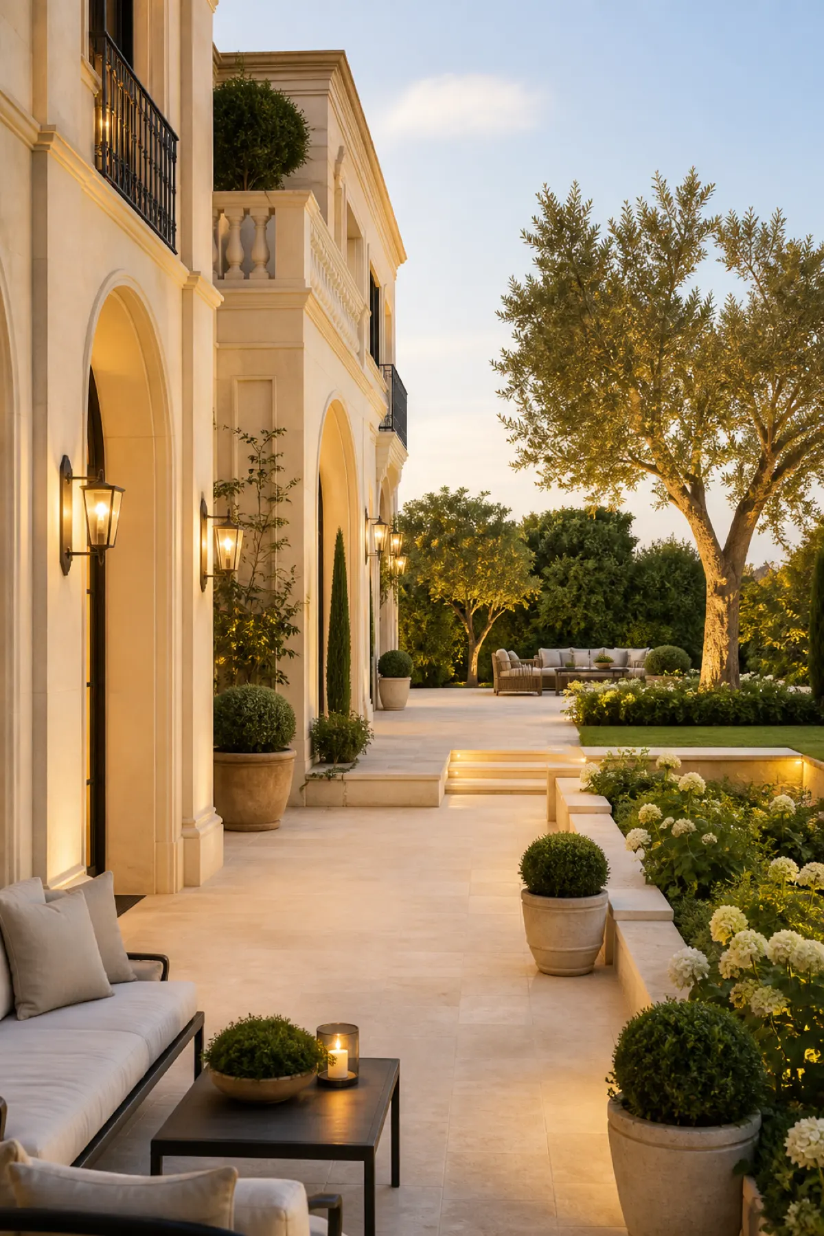 Luxury villa illuminated with facade and landscape lighting