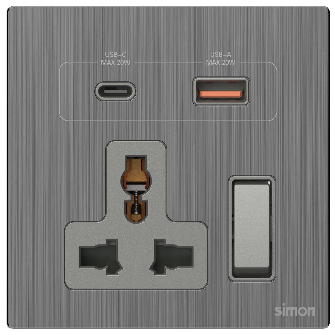 Simon Multi Socket Switched with USB A+C Chargers M7-Metal Series — premium lighting product available from DEEN ELECTRIC Rawalpindi