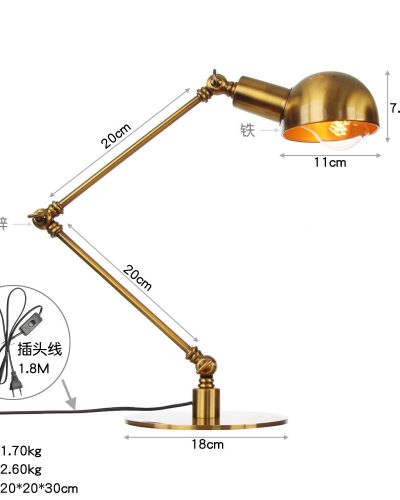 Led vintage arm folding metal lamp in brass colour