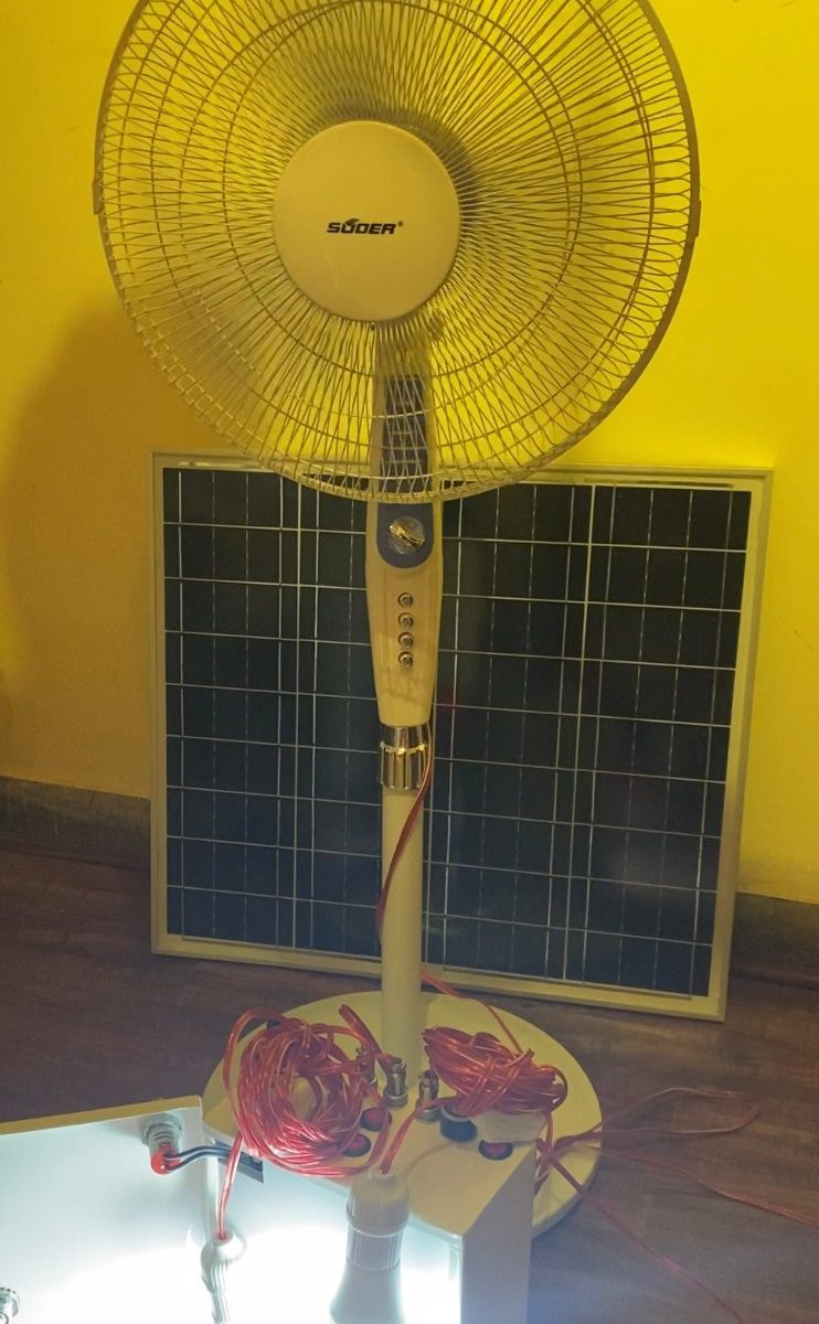 Portable solar system with fan and two bulbs and mobile charging option — premium lighting product available from DEEN ELECTRIC Rawalpindi